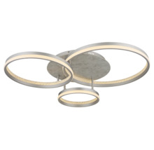 Modern LED-taklampa med tre överlappande ringar, metallhölje och bas med marmoreffekt.