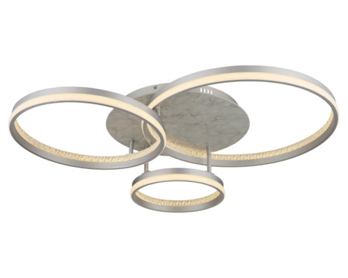 Modern LED-taklampa med tre överlappande ringar, metallhölje och bas med marmoreffekt.