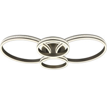 Modern LED-taklampa med fyra ringar av mörk metall och dekorativa kristaller.