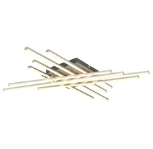 Modern LED-taklampa med flera korsade ljusstavar av metall och plast.