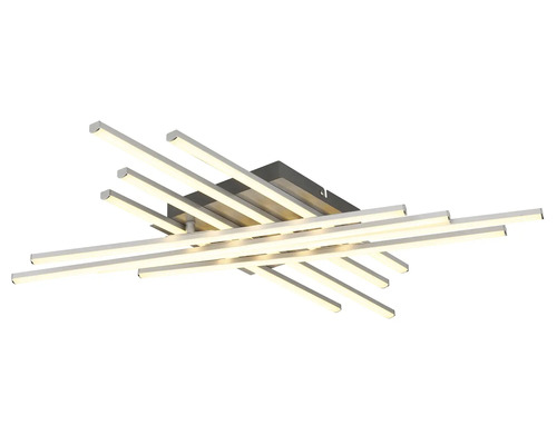 Modern LED-taklampa med flera korsade ljusstavar av metall och plast.