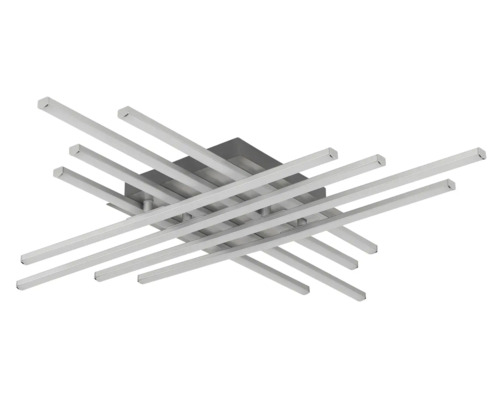 Modern LED-taklampa i silverfärgad metall med korsande raka stänger.