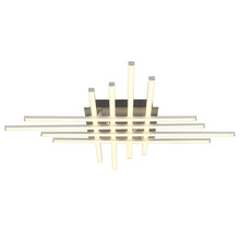 Modern taklampa med korsande horisontella och vertikala ljusstavar på en metallbas.