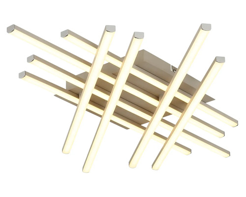 Modern LED-taklampa med korsade ljusstänger av metall.
