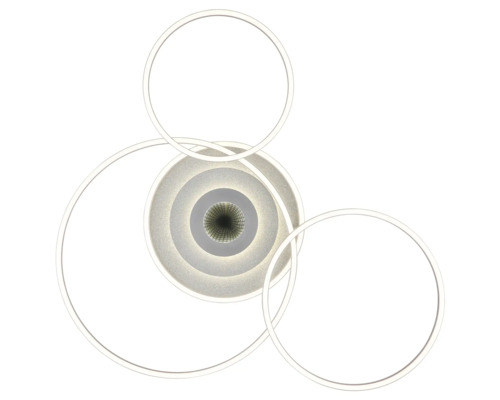 Modern LED-taklampa med tre sammanflätade ringar och ett centralt runt ljuselement.