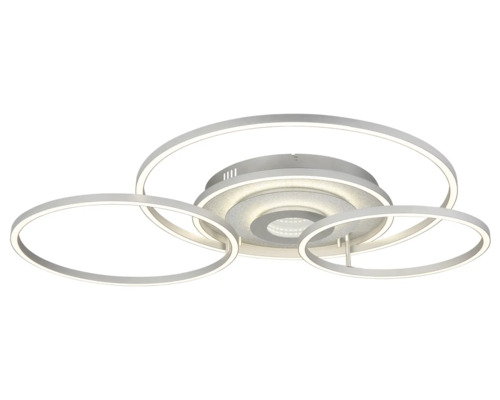 Modern LED-taklampa med tre överlappande ringar och strukturerad rund bas.