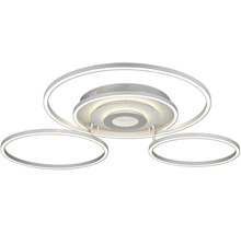 LED-taklampa med tre cirkelformade ljuselement i olika storlekar av metall och plast.