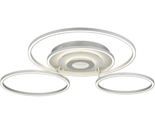 LED-taklampa med tre cirkelformade ljuselement i olika storlekar av metall och plast.