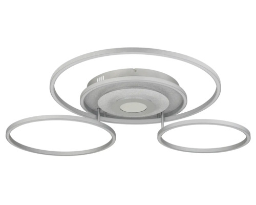 Modern LED-taklampa med tre metallringar.