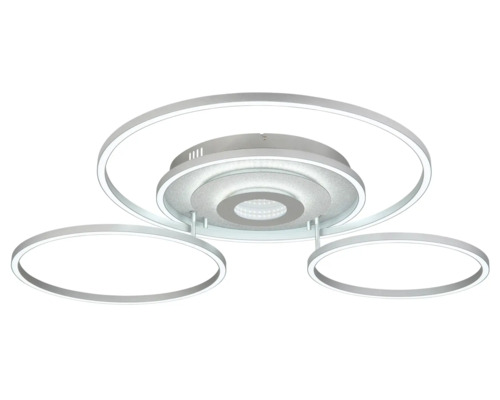Modern taklampa med tre ringformade element och en rund bas.