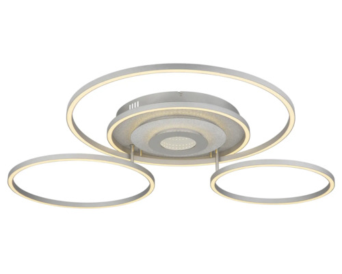 Modern taklampa med tre runda ljusringar och en central bas med glittereffekt av metall.