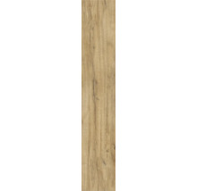 Golvpanel i trälook med naturlig ådring och kvistar.