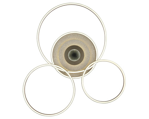 Modern LED-taklampa med tre lysande ringar och ett centralt strukturerat dekorativt element.