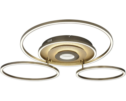 Modern LED-taklampa med tre guldfärgade ringar och central LED-enhet.