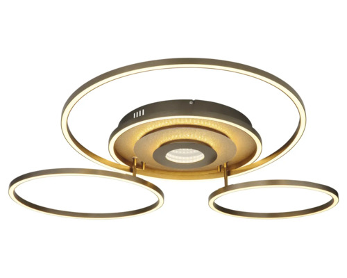 Modern LED-taklampa i metall med tre ringformade ljuselement och ett centralt runt ljuselement med glittereffekt.