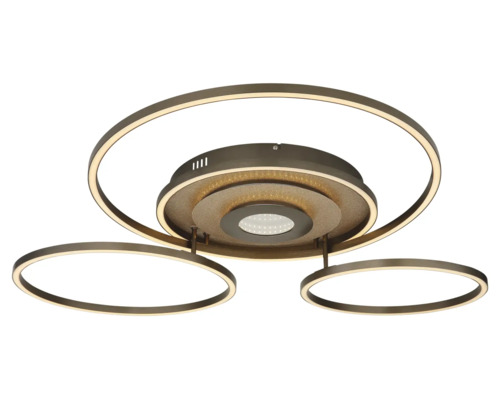 Modern LED-taklampa med tre cirkelformade ljusringar och en central spotlight i metall.