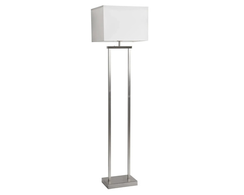 Modern golvlampa med rektangulär vit textilskärm och metallstativ i rostfritt stål-look.