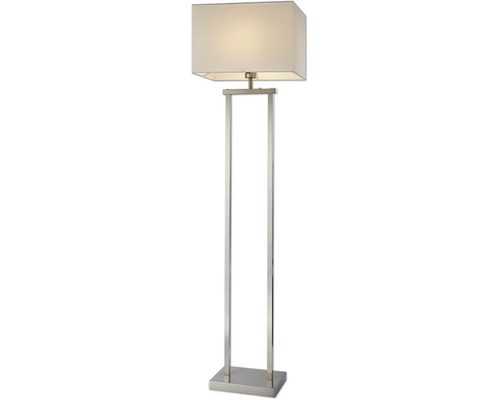Modern golvlampa av silverfärgad metall med två pelare och rektangulär krämfärgad textilskärm.