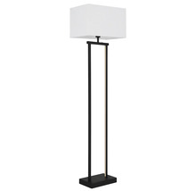 Golvlampa med rektangulär vit tygskärm och svart metallstomme med integrerad LED-belysning.