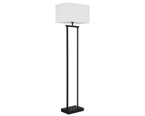 Golvlampa med rektangulär vit tygskärm och svart metallstomme med integrerad LED-belysning.