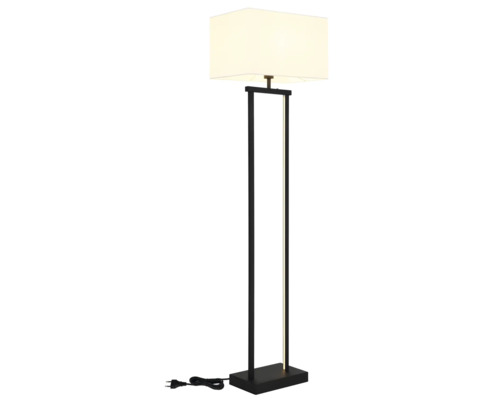 Modern golvlampa med rektangulär textilskärm och svart metallram bestående av två vertikala stänger på en rektangulär bas.