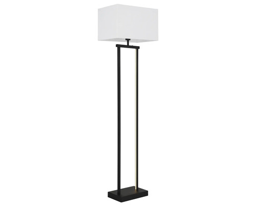 Modern LED-golvlampa med rektangulär tygskärm och svart metallram inklusive integrerad LED-ljuslist.