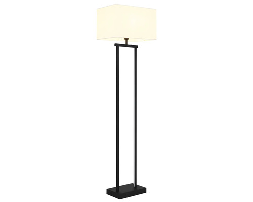 Golvlampa med svart metallram och rektangulär textilskärm.