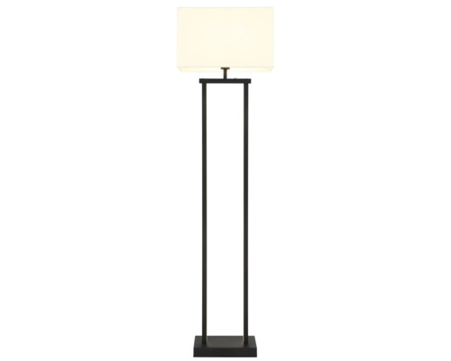 Modern golvlampa med svart metallram och rektangulär textilskärm i vitt.