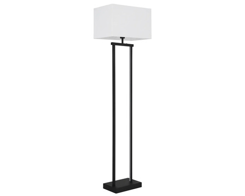 Modern golvlampa med rektangulär vit tygskärm och svart metallstomme.