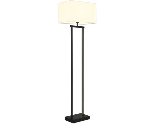 Golvlampa med rektangulär textilskärm och svart metallram med integrerad LED-list.