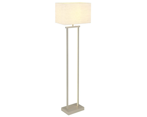Golvlampa med rektangulär krämfärgad textilskärm och två silverfärgade metallstag på en platt bas.