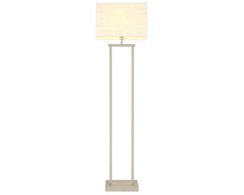 Modern golvlampa med beige rektangulär textilskärm och smalt metallstativ på en platt bas.