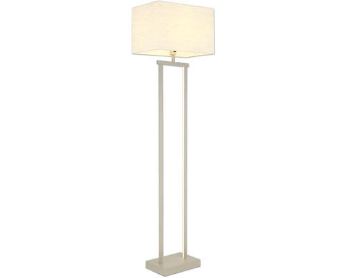 Modern golvlampa med rektangulär textilskärm, två metallstag och rektangulär fot.