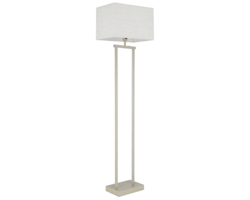 Modern golvlampa med rektangulär vit tygskärm och metallstativ på en rektangulär bas.