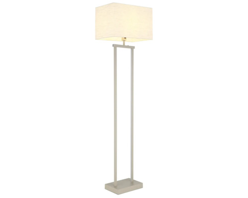 Modern golvlampa med rektangulär textilskärm och smal metallram på en rektangulär bas.