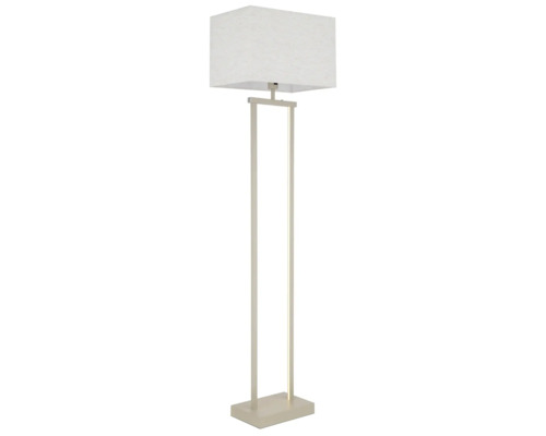 Modern golvlampa med rektangulär textilskärm, metallram och integrerad LED-list.