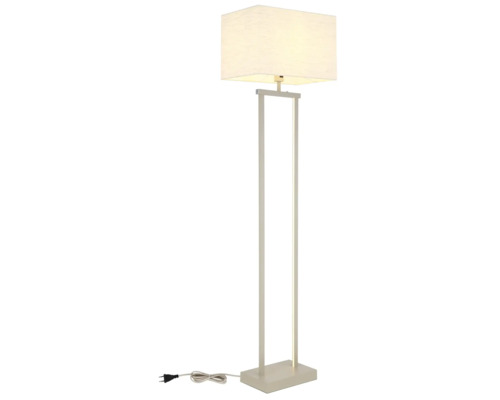 Modern golvlampa med rektangulär textilskärm, minimalistisk metallram och platt bas.