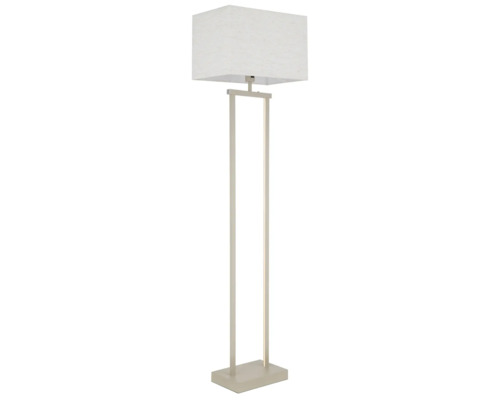 Golvlampa med rektangulär textilskärm och två vertikala metallstag på en platt bas.