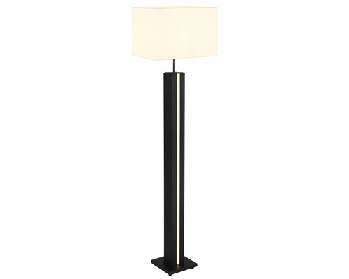 Modern golvlampa med rektangulär textilskärm och svart pelare med integrerad LED-ljuslist.