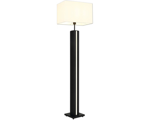 Golvlampa med rektangulär textilskärm och integrerad LED-remsa i den svarta foten.