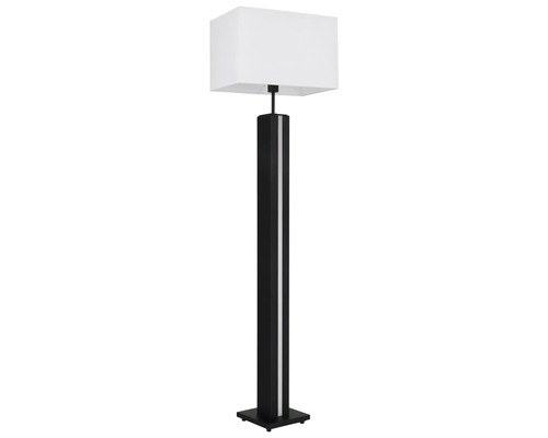 Modern golvlampa med vit rektangulär textilskärm och svart pelare med silverfärgad detalj.