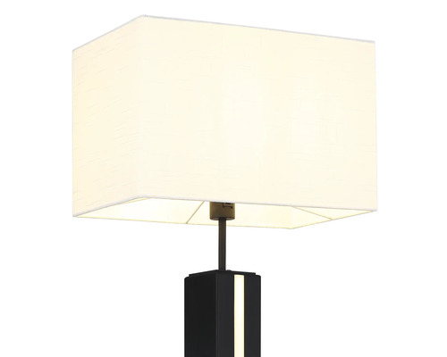 Modern bordslampa med rektangulär textilskärm och svart bas med integrerad ljuslist.