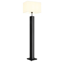 Modern golvlampa med rektangulär textilskärm och kvadratisk svart bas med en vertikal ljusremsa.