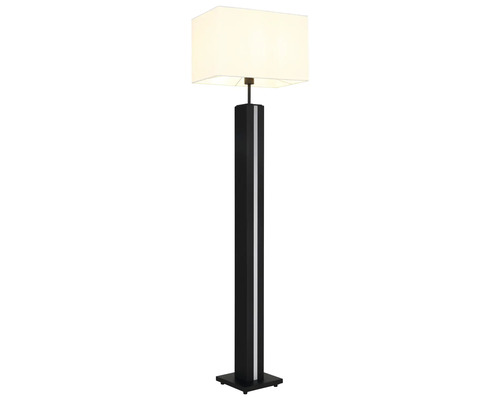 Modern golvlampa med rektangulär textilskärm och kvadratisk svart bas med en vertikal ljusremsa.