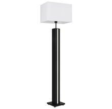 Modern golvlampa med vit tygskärm, svart rektangulär pelare och integrerad LED-ljuslist.