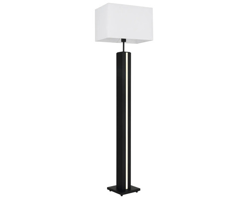 Modern golvlampa med vit tygskärm, svart rektangulär pelare och integrerad LED-ljuslist.