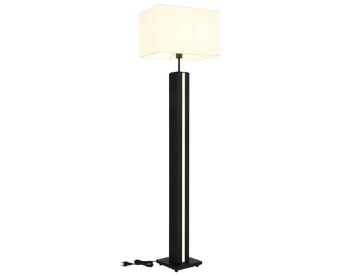 Golvlampa med fyrkantig pelare, integrerad ljuslist och rektangulär textilskärm.