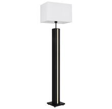 Modern golvlampa med rektangulär vit textilskärm och svart fot med integrerad ljusremsa.