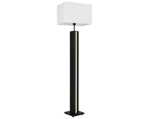 Modern golvlampa med rektangulär vit textilskärm och svart fot med integrerad ljusremsa.