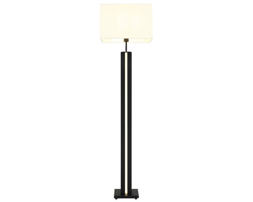 Modern golvlampa med rektangulär textilskärm och svart fot med integrerad vertikal ljuslist.